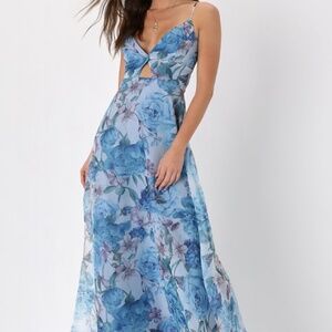 Lulus Enchanting Entrance Blue Floral Organza Keyhole Maxi Dress - Size M